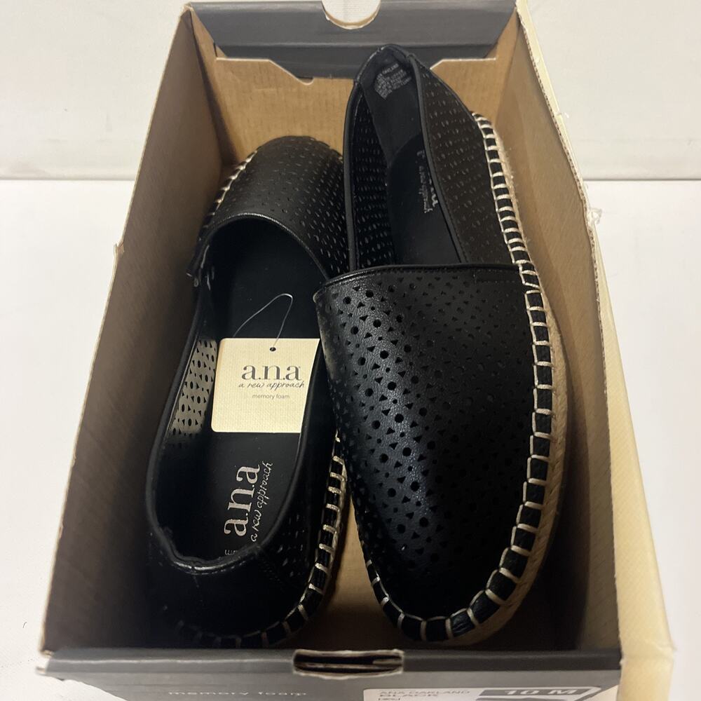 A.N.A A New Approach Black Oakland Espadrille Slip On Flats Faux Leather Size 10